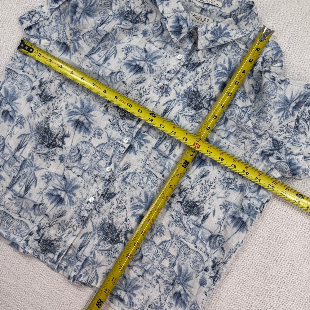 Rachel Zoe 100% Linen Blue White Toile Jungle Print Button Down Women's Large - Picture 6 of 9